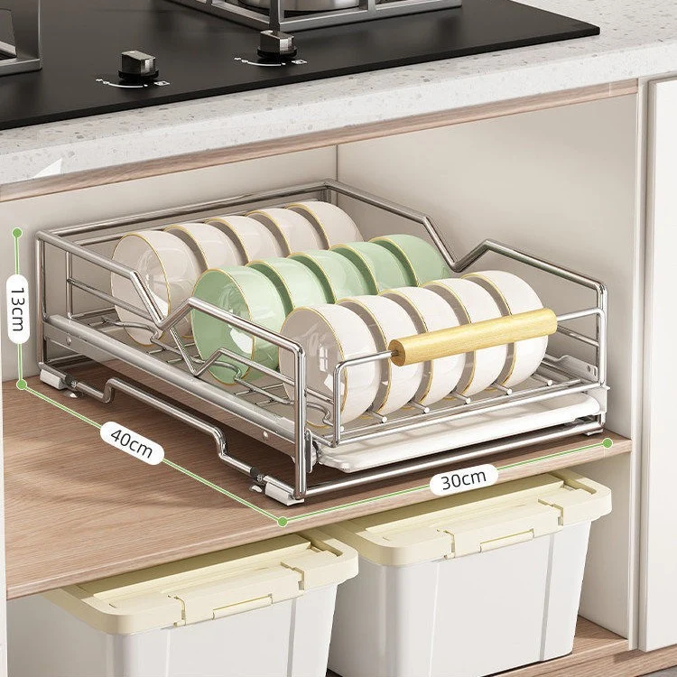 Expandable dish rack made of stainless steel for cabinets