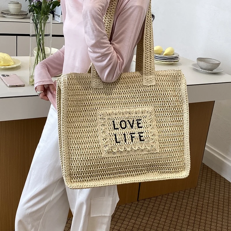 Woven Straw Tote Bag with Inspirational Print