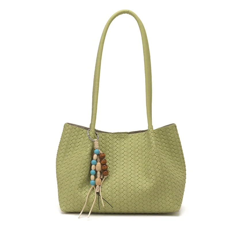Woven Leather Tote Bag with Decorative Charms