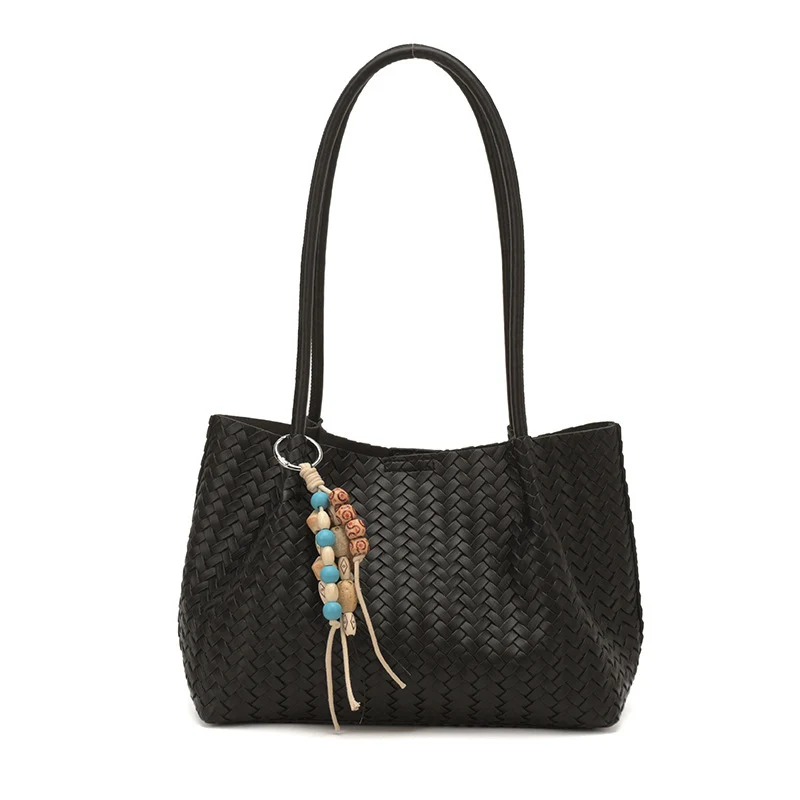 Woven Leather Tote Bag with Decorative Charms