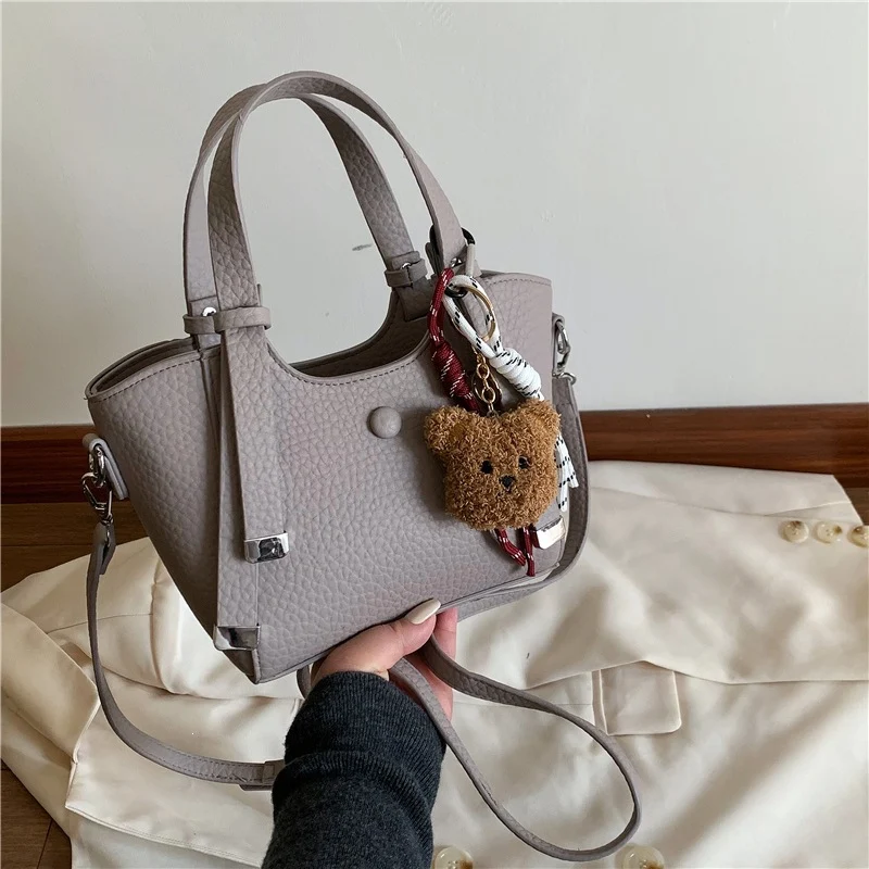 Textured Mini Tote Handbag with Charming Bear Keychain