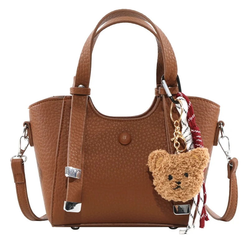 Textured Mini Tote Handbag with Charming Bear Keychain