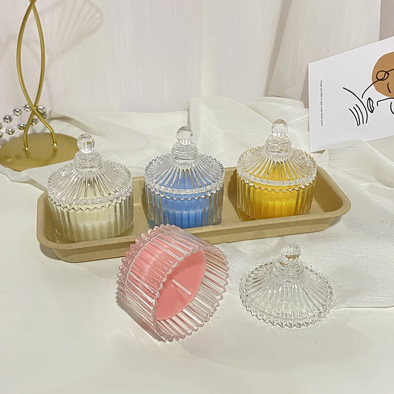 Rippenglas Vintage-Style Glasbehälter Duftsojakerze mit dekorativem Deckel