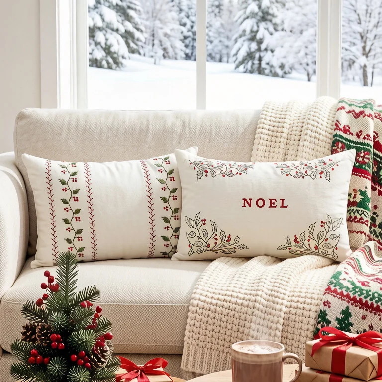 Embroidered Holiday Lumbar Throw Pillow Cover with NOEL Holly Motif