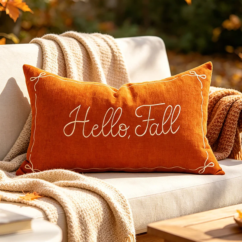 Embroidered Hello Fall Linen-Look Lumbar Throw Pillow Cover