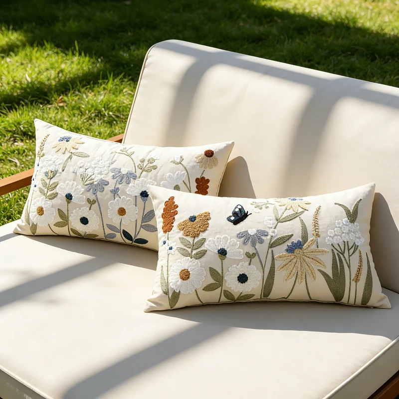 Embroidered Floral Lumbar Pillow Cover