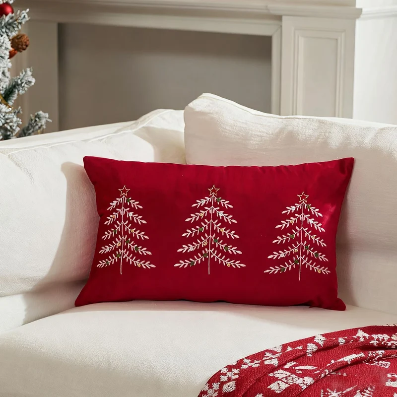 Embroidered Festive Lumbar Throw Pillow Cover with Trio Christmas Tree Motif
