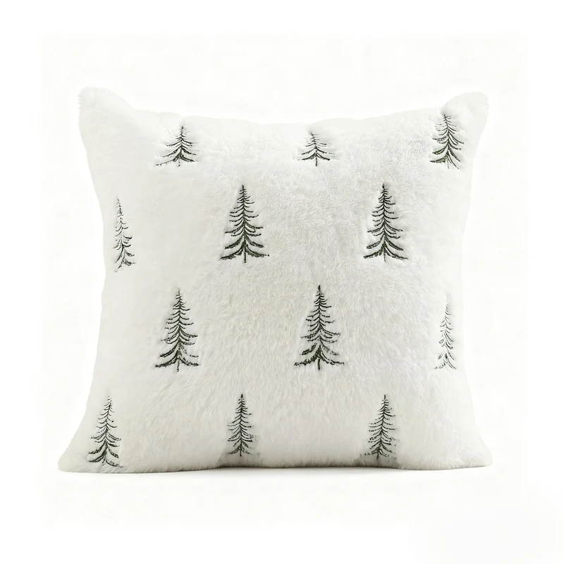 Embroidered Faux Fur Evergreen Decorative Throw Pillow Cover