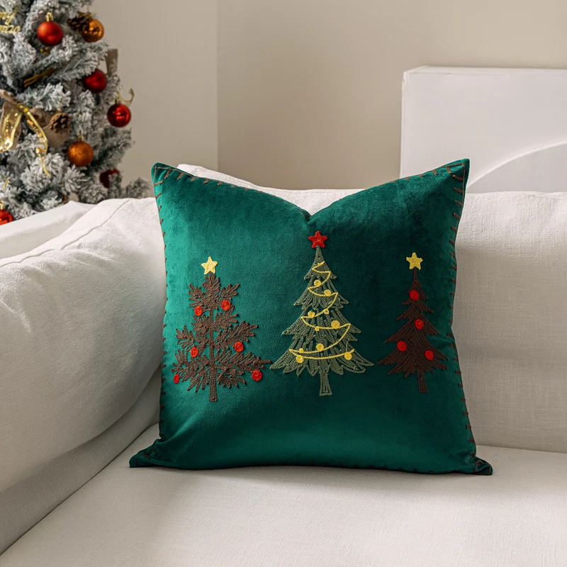 Embroidered Christmas Tree Square Throw Pillow Cover with Whipstitch Edge