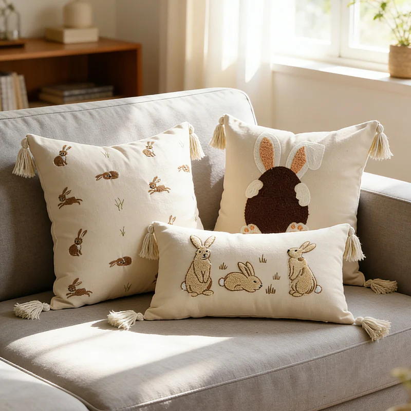 Embroidered Bunny Linen Blend Lumbar Throw Pillow with Tassel Corners
