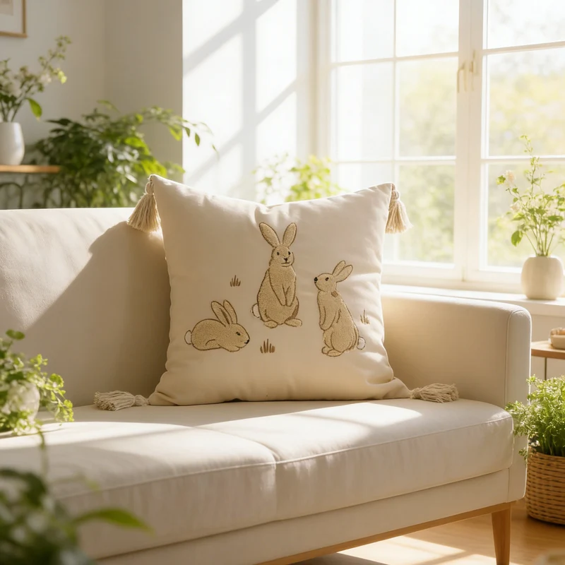 Embroidered Bunny Linen Blend Lumbar Throw Pillow with Tassel Corners