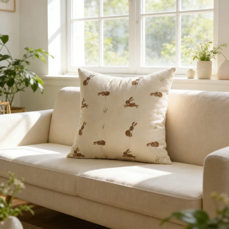 Embroidered Bunny Linen Blend Lumbar Throw Pillow with Tassel Corners
