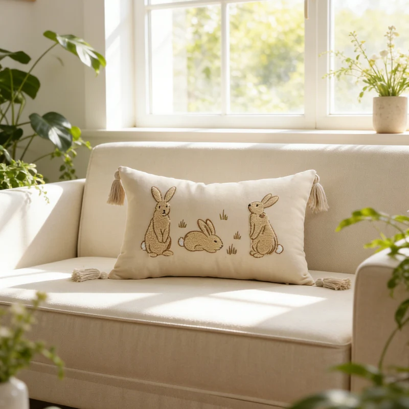 Embroidered Bunny Linen Blend Lumbar Throw Pillow with Tassel Corners