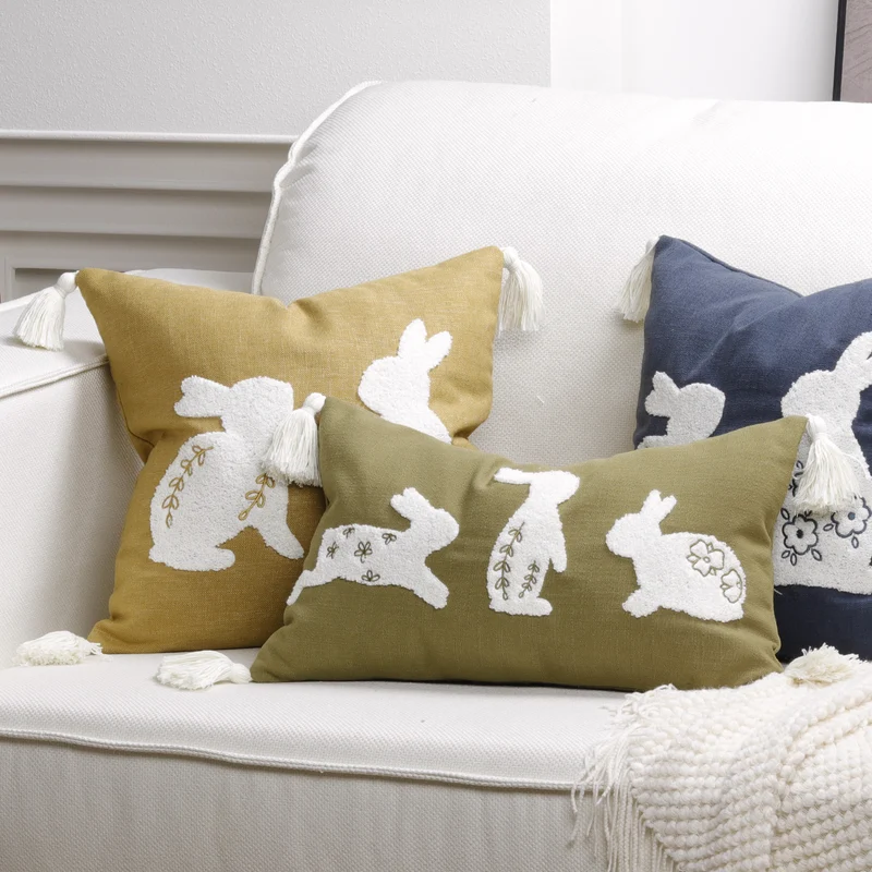Embroidered Bunny Appliqué Tassel Lumbar Pillow Cover