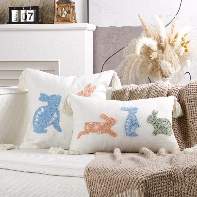 Embroidered Bunny Appliqué Tassel Lumbar Pillow Cover