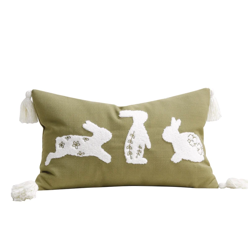 Embroidered Bunny Appliqué Tassel Lumbar Pillow Cover