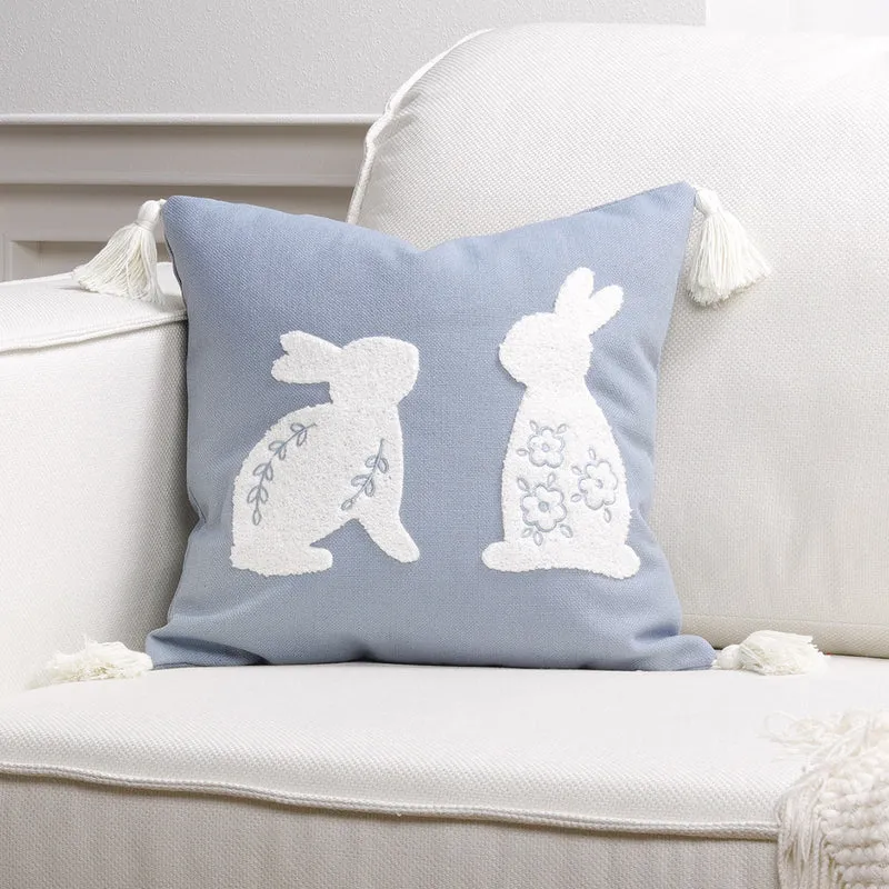Embroidered Bunny Appliqué Tassel Lumbar Pillow Cover