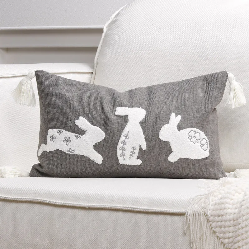 Embroidered Bunny Appliqué Tassel Lumbar Pillow Cover