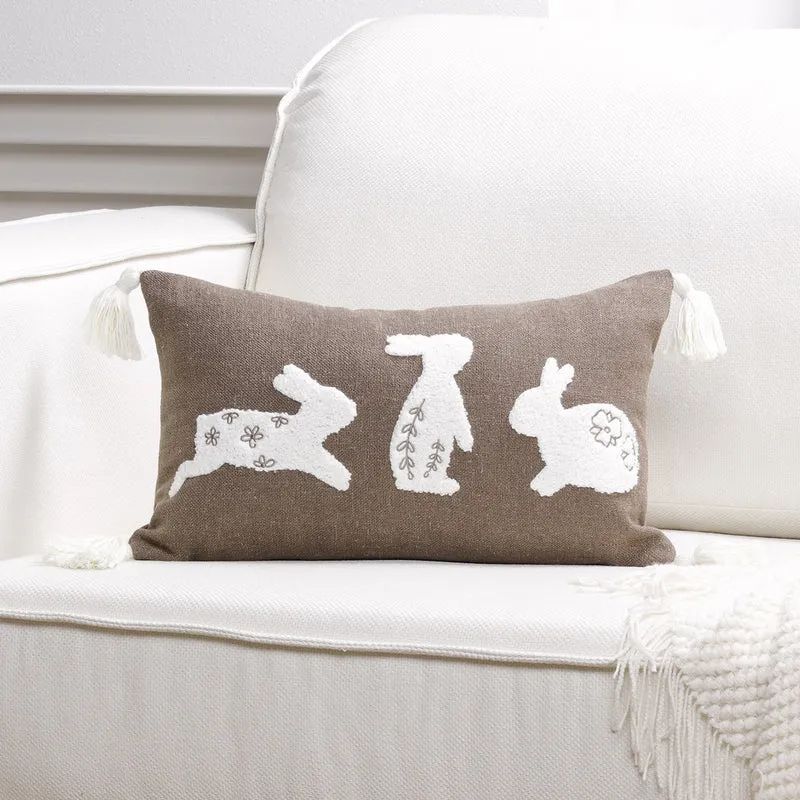 Embroidered Bunny Appliqué Tassel Lumbar Pillow Cover