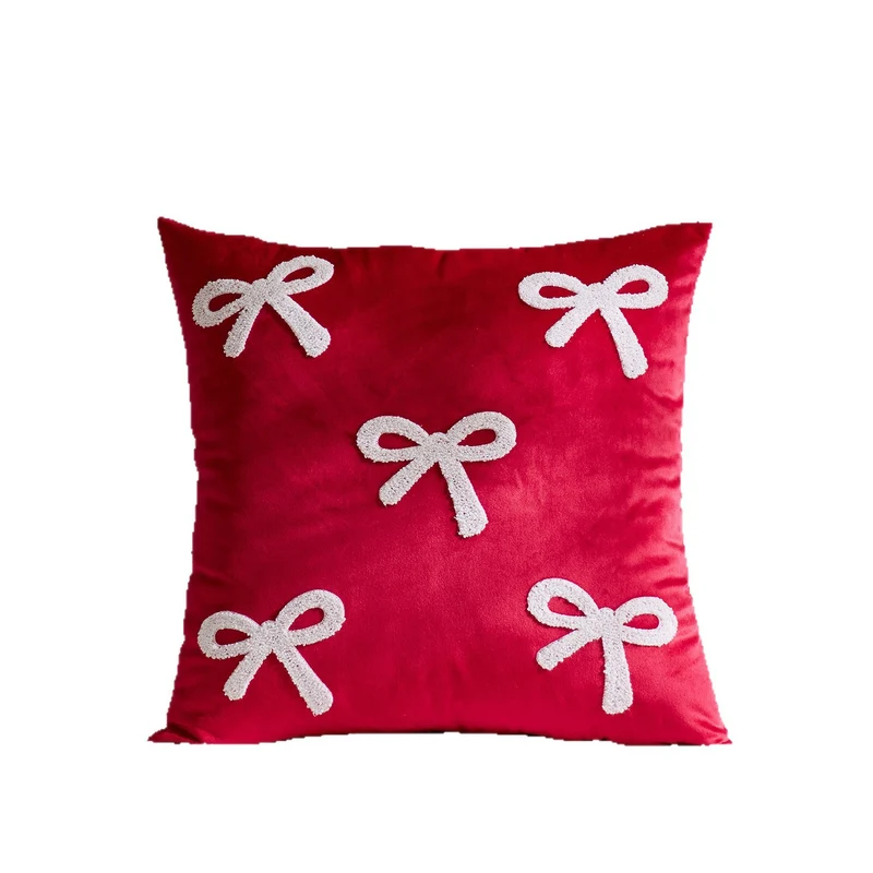 Embroidered Bouclé Bow Velvet Square Throw Pillow Cover