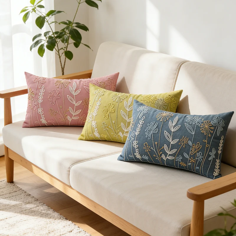 Embroidered Botanical Velvet Lumbar Accent Pillow Cover with Plush Insert