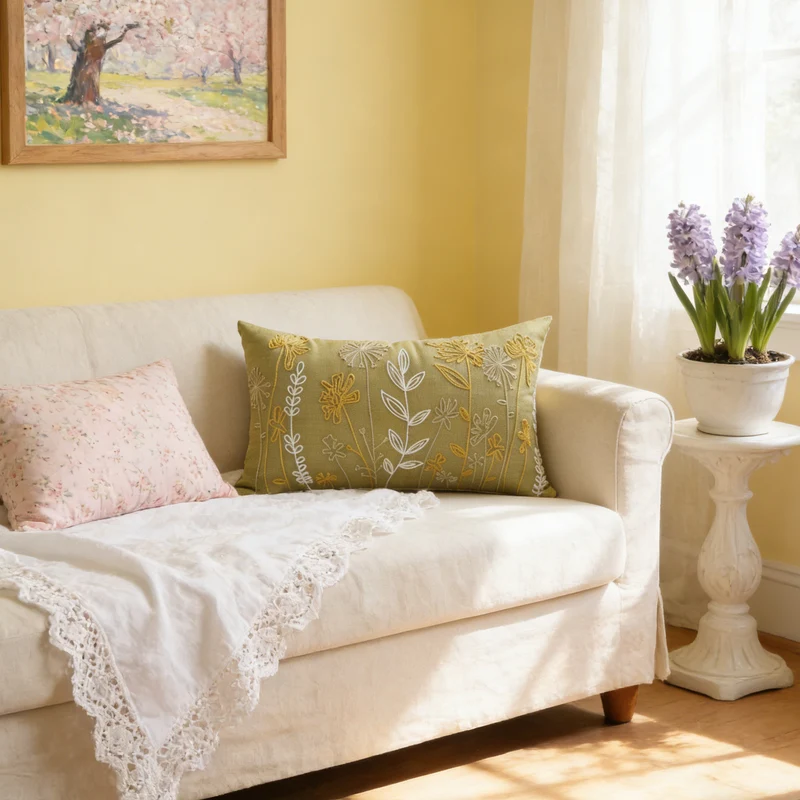 Embroidered Botanical Velvet Lumbar Accent Pillow Cover with Plush Insert