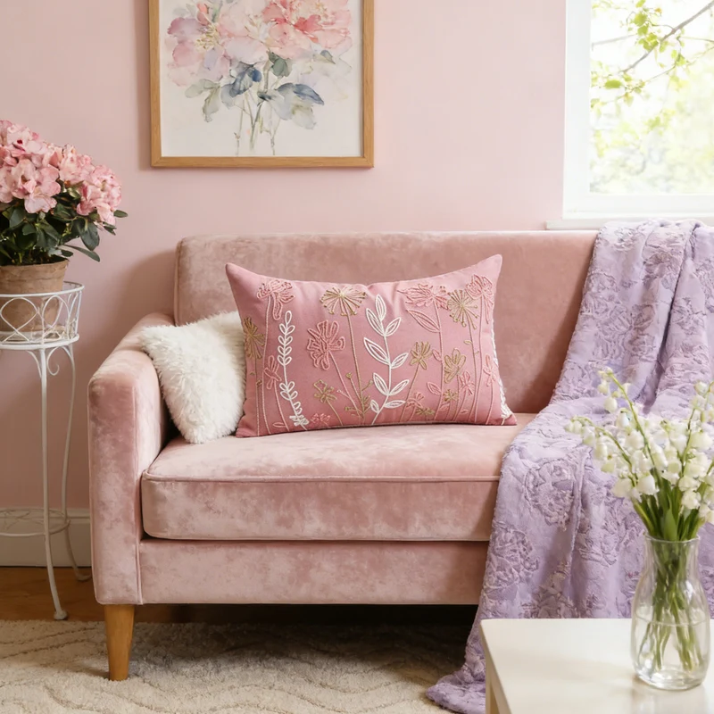 Embroidered Botanical Velvet Lumbar Accent Pillow Cover with Plush Insert