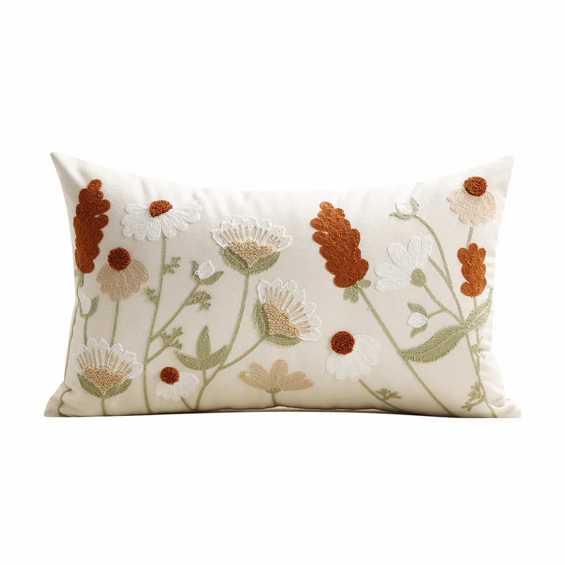 Embroidered Botanical Linen Decorative Pillow Cover with Textured Chenille Accents
