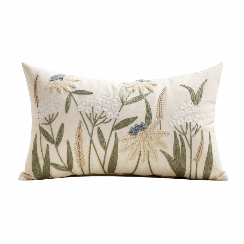 Embroidered Botanical Linen Decorative Pillow Cover with Textured Chenille Accents