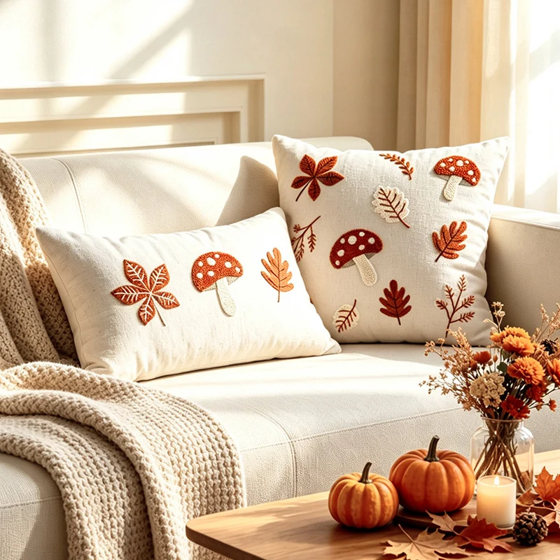 Embroidered Autumn Throw Pillow Cover with Mushroom and Leaf Appliqué