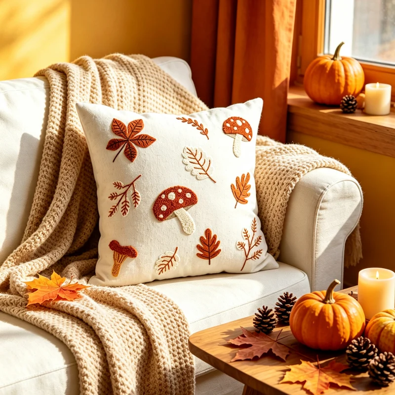 Embroidered Autumn Throw Pillow Cover with Mushroom and Leaf Appliqué