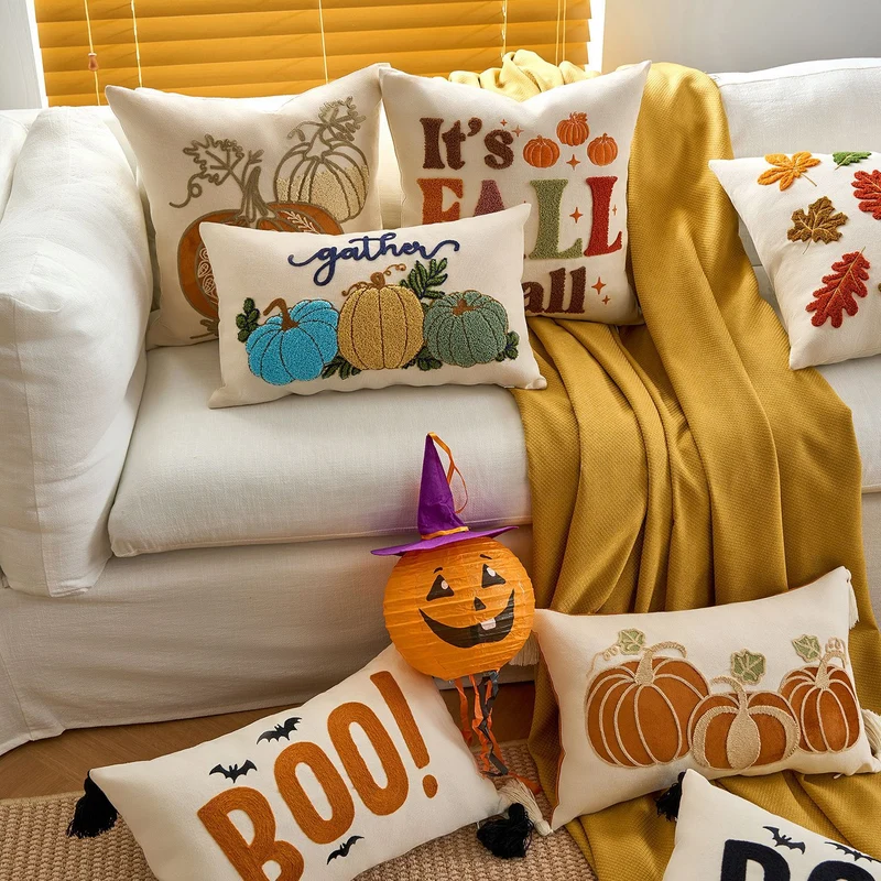 Embroidered Autumn Pumpkin Velvet Accent Pillow Cover