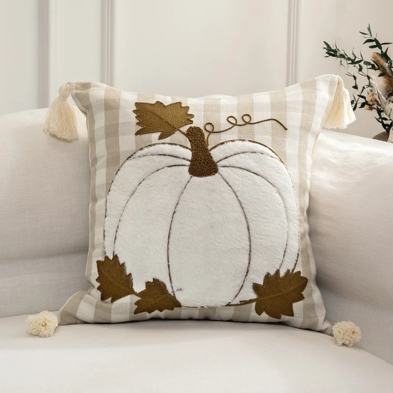 Embroidered Autumn Pumpkin Velvet Accent Pillow Cover
