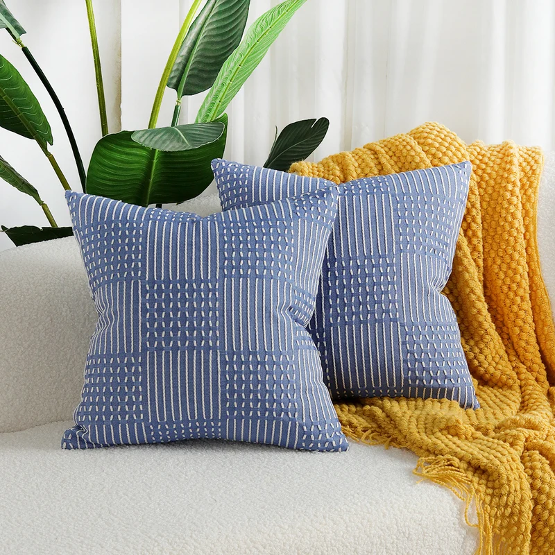 Decorative Square Textured Woven Geometric Throw Pillow Covers Set with Tufted Linear Appliqué