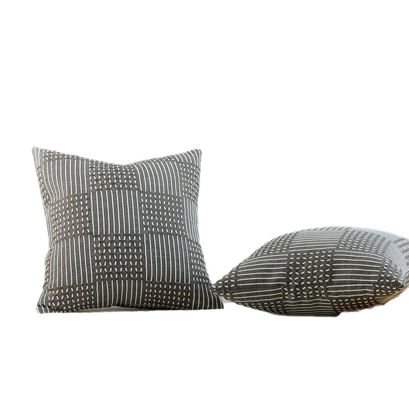 Decorative Square Textured Woven Geometric Throw Pillow Covers Set with Tufted Linear Appliqué