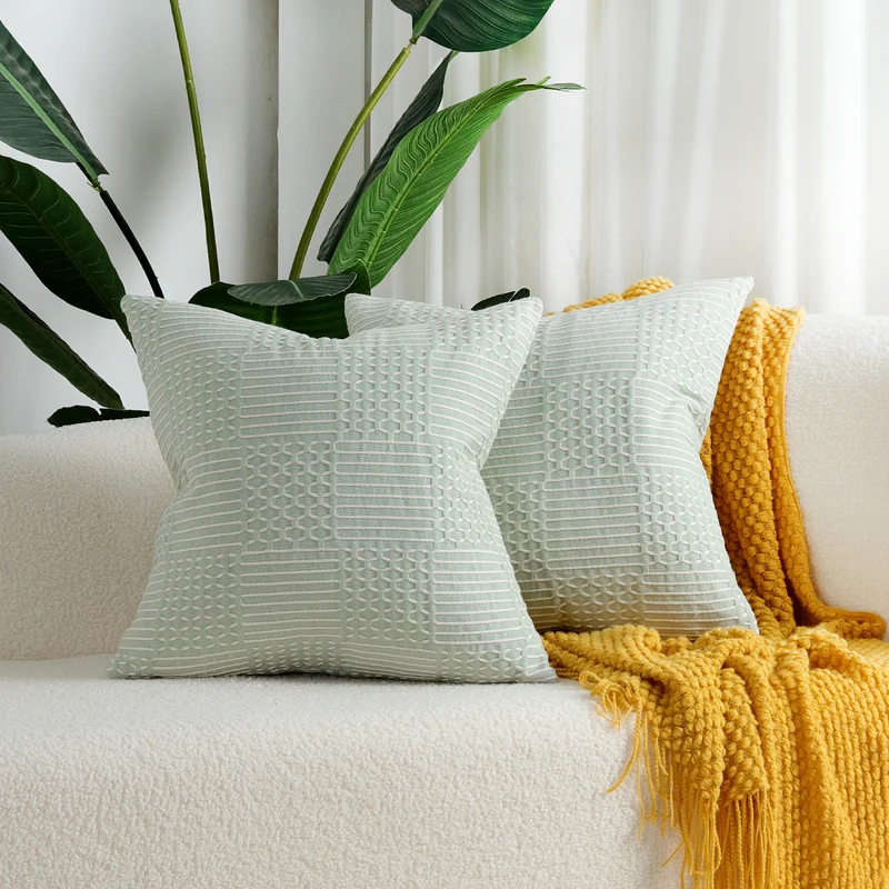 Decorative Square Textured Woven Geometric Throw Pillow Covers Set with Tufted Linear Appliqué