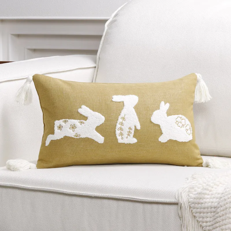 Decorative Lumbar Pillow Cover with Tufted Bunny Appliqués and Corner Tassels