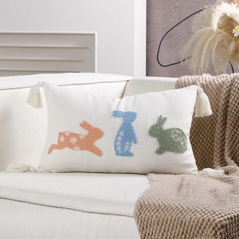 Decorative Lumbar Pillow Cover with Tufted Bunny Appliqués and Corner Tassels