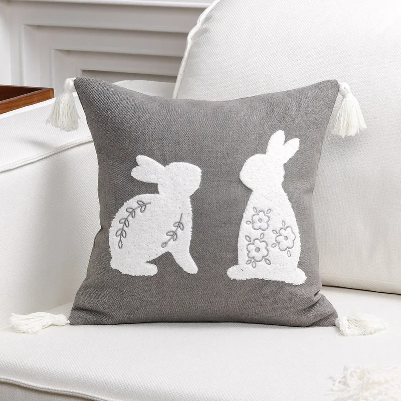 Decorative Lumbar Pillow Cover with Tufted Bunny Appliqués and Corner Tassels