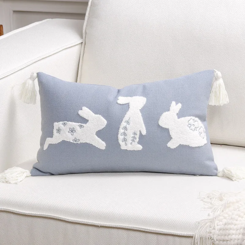 Decorative Lumbar Pillow Cover with Tufted Bunny Appliqués and Corner Tassels