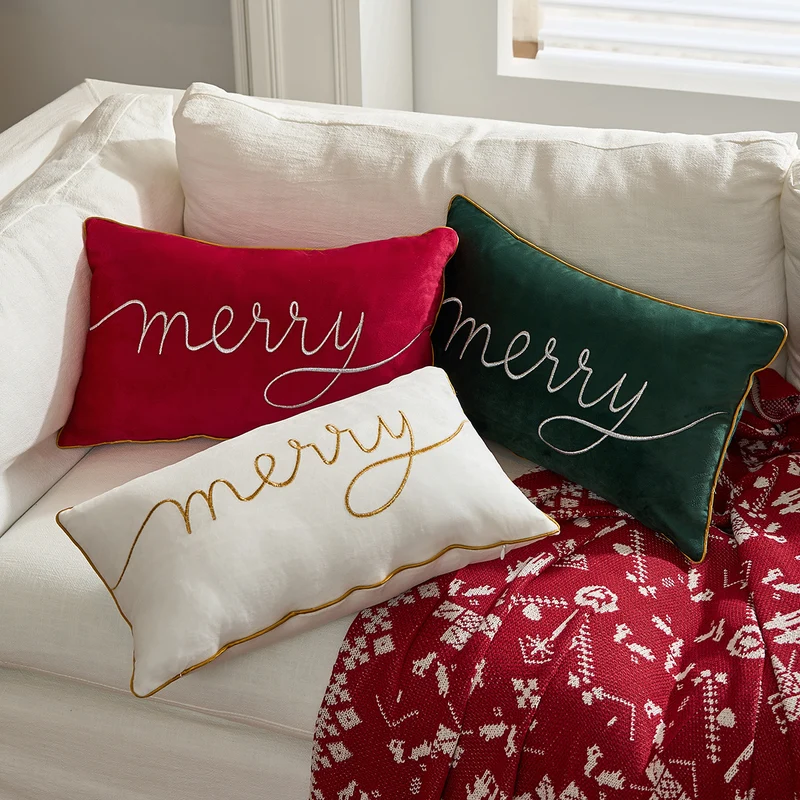 Decorative Holiday Throw Pillow with Gold Script Embroidery