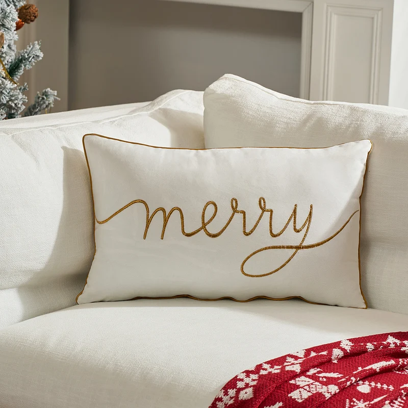 Decorative Holiday Throw Pillow with Gold Script Embroidery