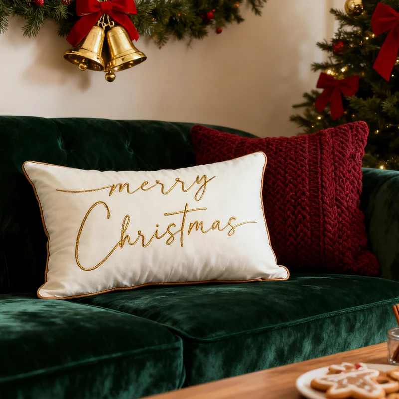 Decorative Holiday Throw Pillow with Gold Script Embroidery