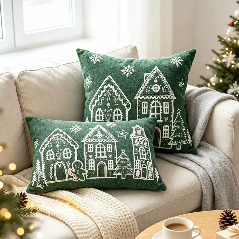 Christmas Gingerbread House Embroidered Velvet Lumbar Pillow Cover