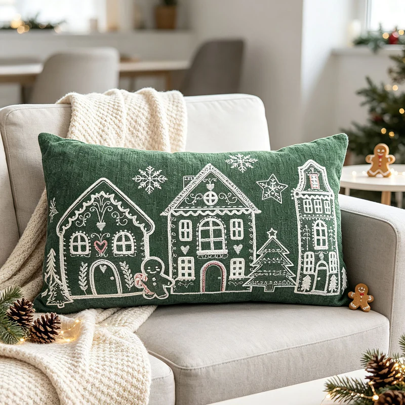 Christmas Gingerbread House Embroidered Velvet Lumbar Pillow Cover