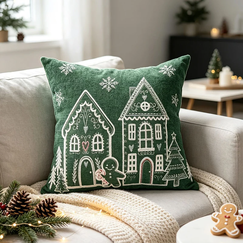 Christmas Gingerbread House Embroidered Velvet Lumbar Pillow Cover