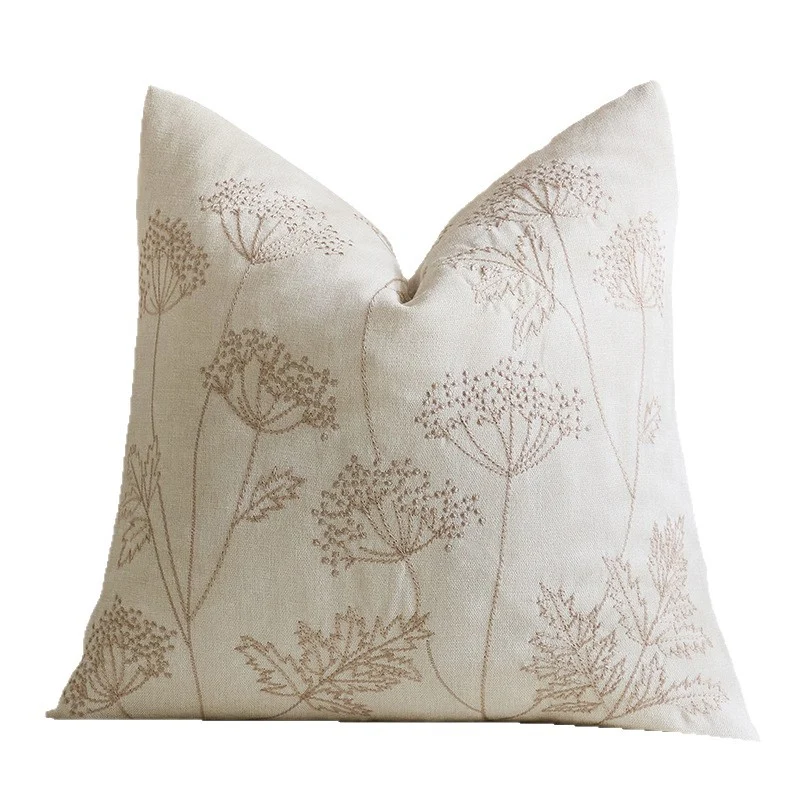 Botanical Embroidered Square Throw Pillow Cover with Linen Texture and Hidden Zipper