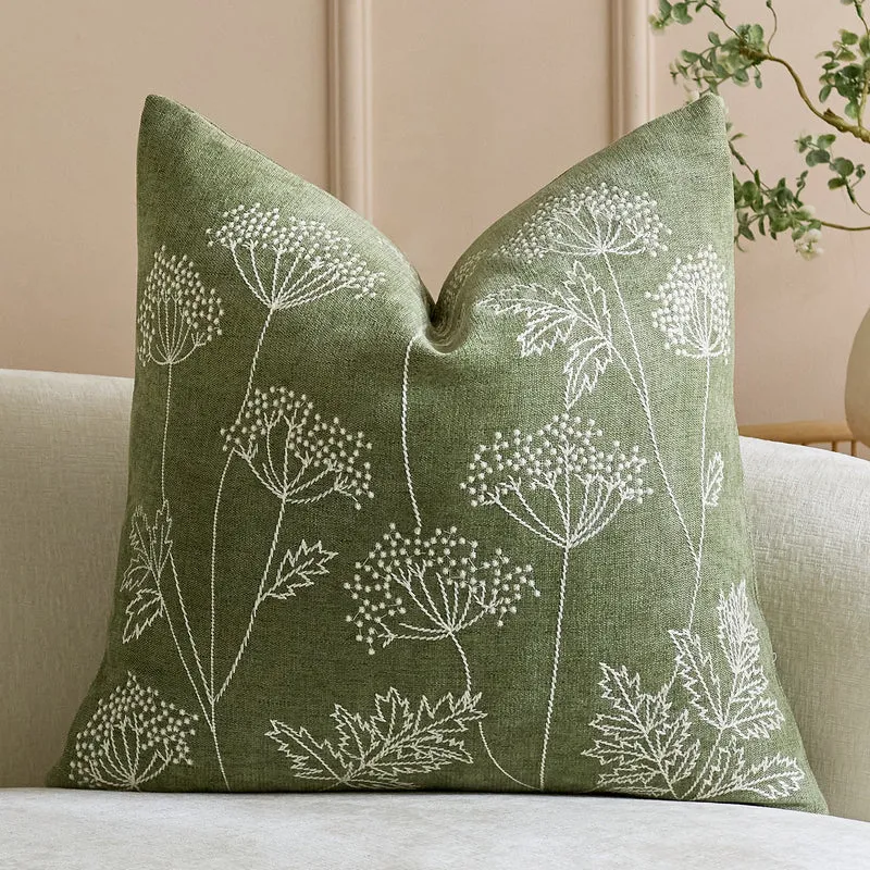 Botanical Embroidered Square Throw Pillow Cover with Linen Texture and Hidden Zipper