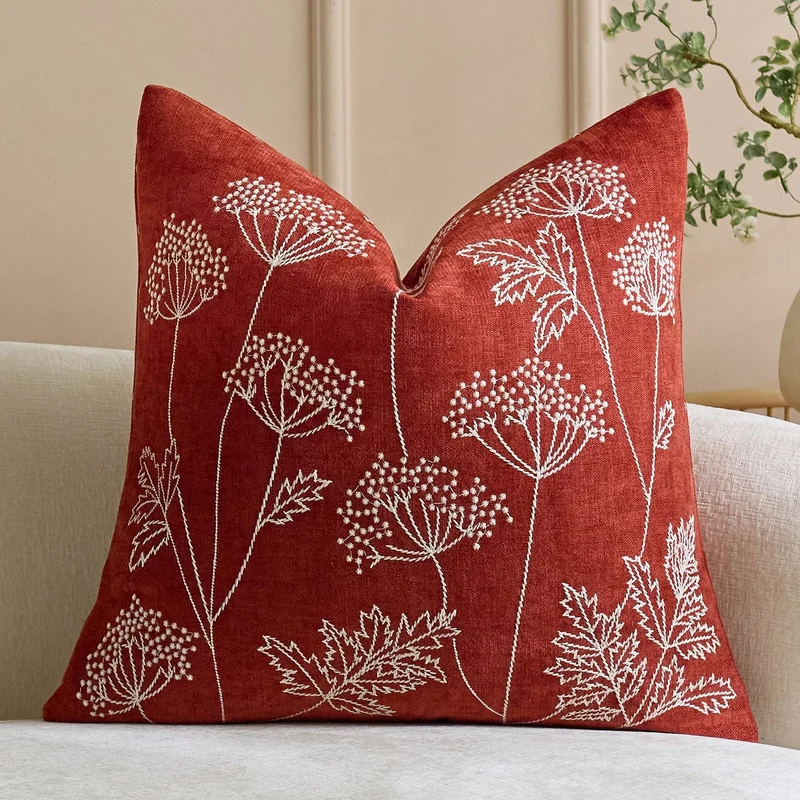 Botanical Embroidered Square Throw Pillow Cover with Linen Texture and Hidden Zipper