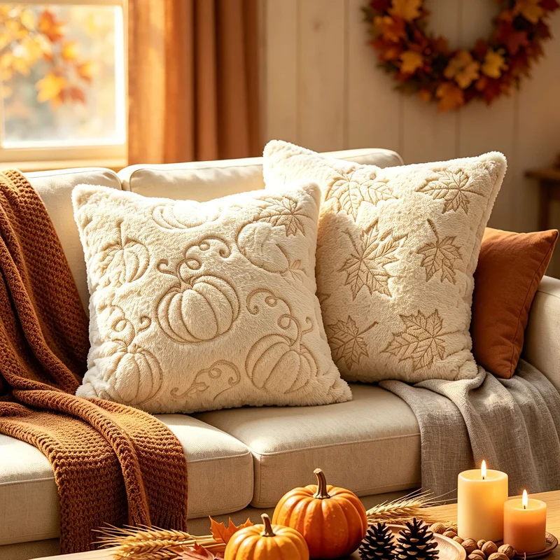 Autumn Plush Decorative Throw Pillow with Embossed Pumpkin Texture